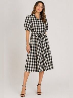 Gracia Black and White Gingham Midi Shirt Dress with Tie Waist